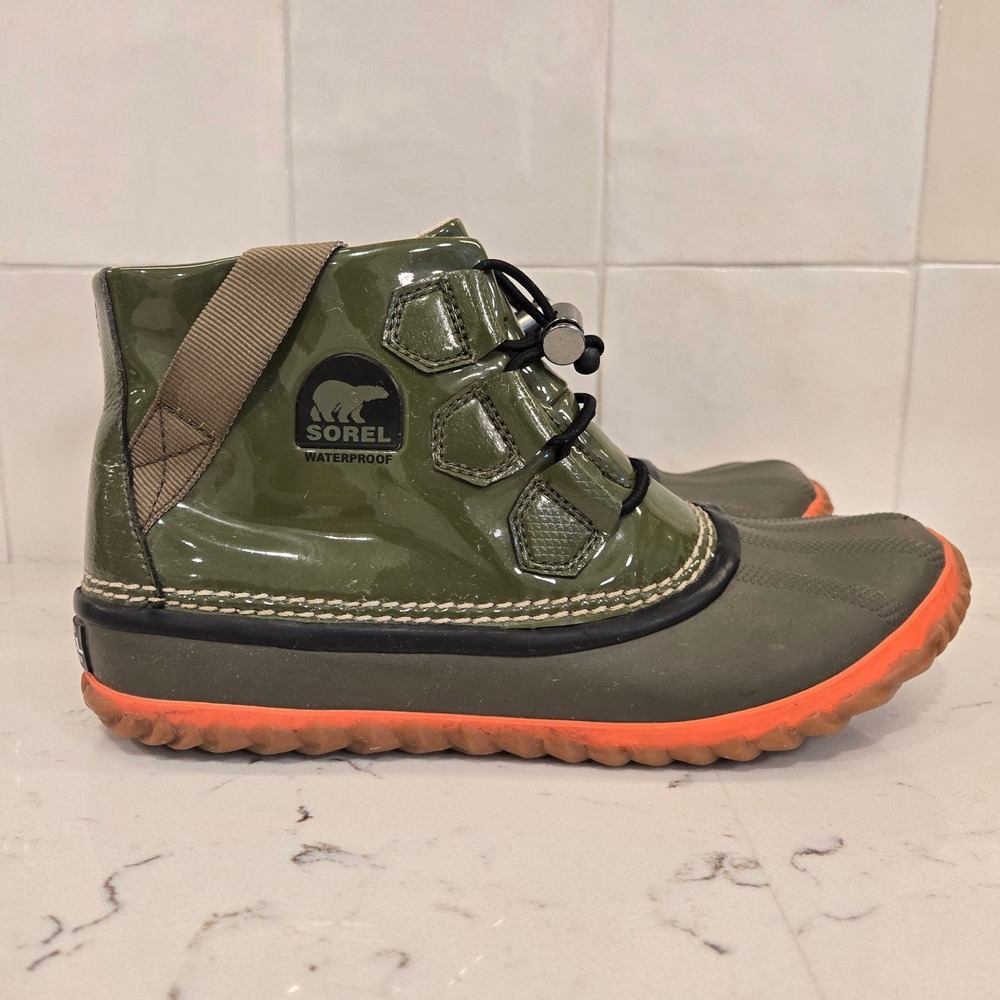 Sorel Out N About Rain Boots Waterproof Olive Green Orange Womens 7.5
